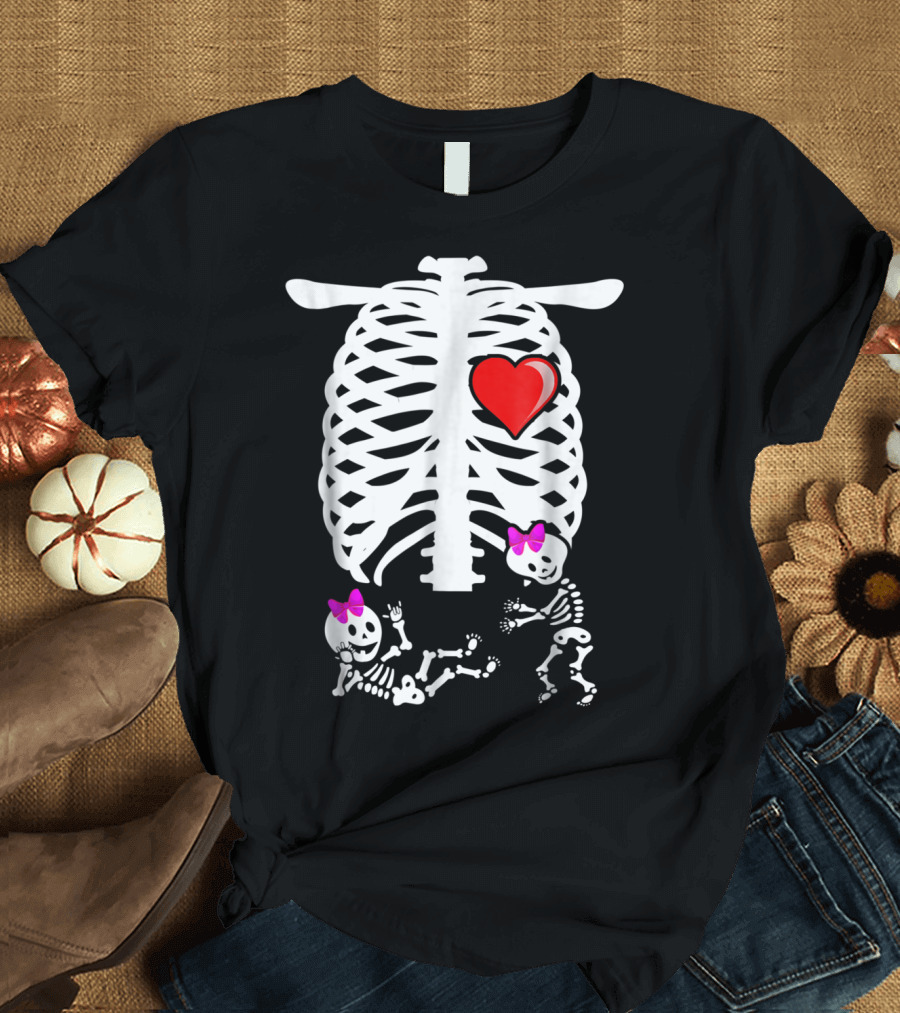 Skeleton Pregnancy Announcement Twins Girls Heart Bows T-Shirt
