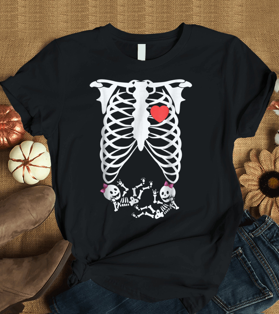 Skeleton Pregnancy Twins with Heart and Bow T-Shirt