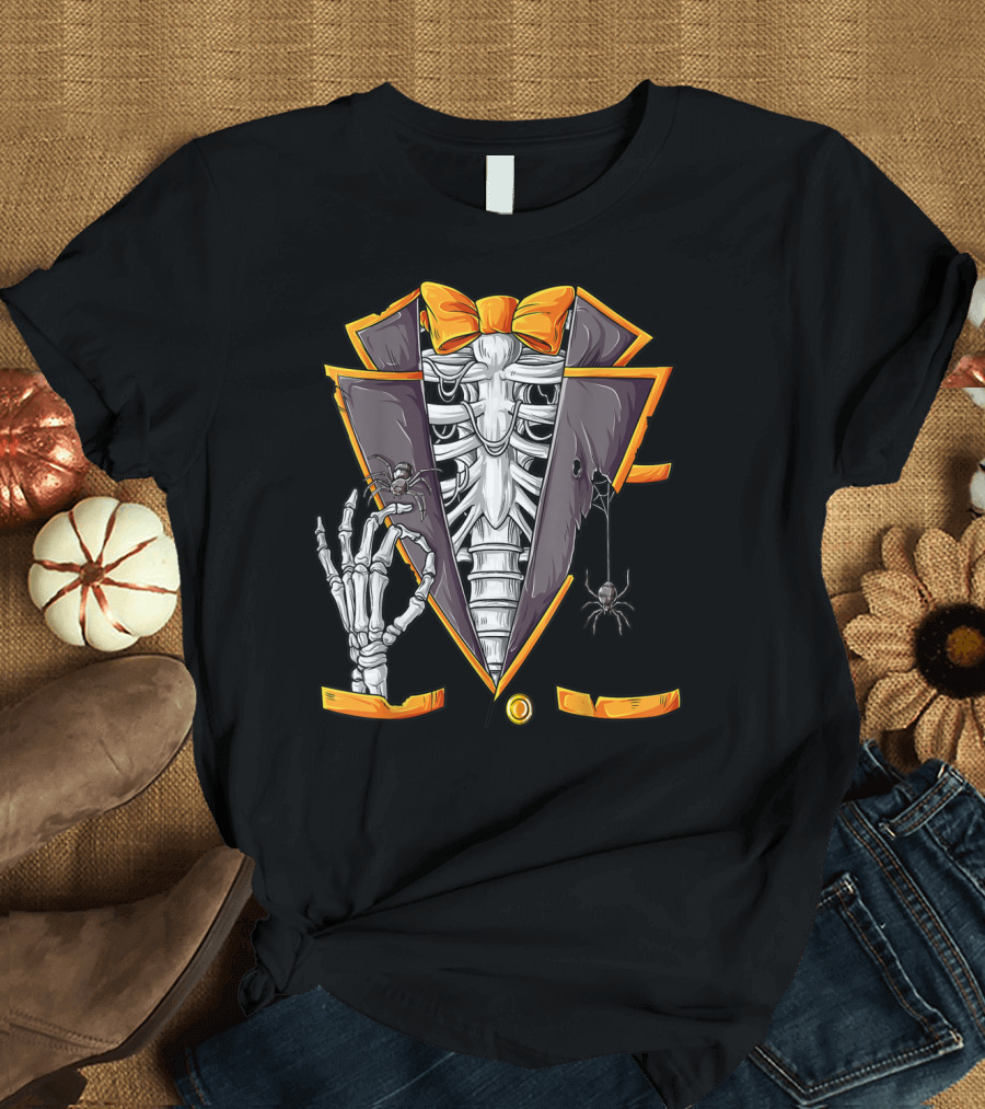 Skeleton Tuxedo Costume with Orange Bowtie and Spiders for Halloween T-Shirt