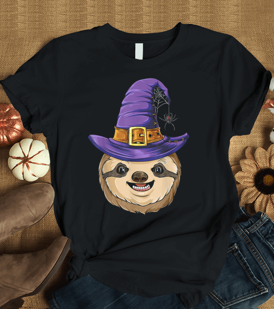 Halloween Sloth with Witch Hat and Spider T-Shirt