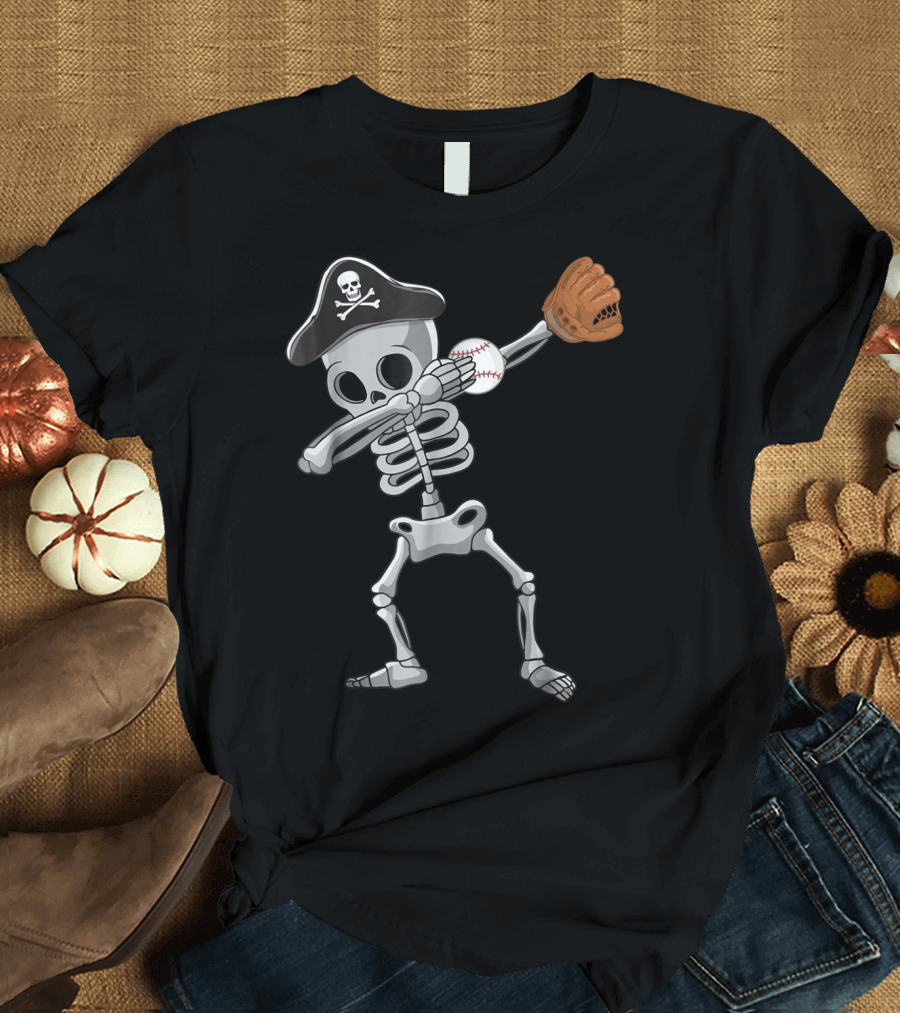 Softball Skeleton Dabbing with Pirate Hat and Glove T-Shirt