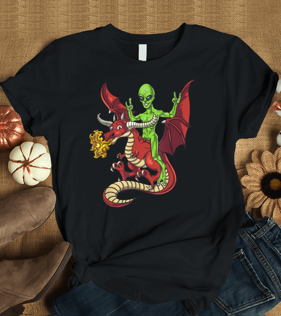 Alien Riding Fire-Breathing Red Dragon Fantasy T-Shirt