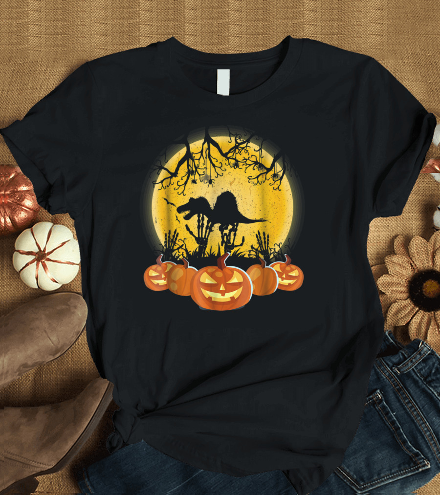 Spinosaurus Pumpkin Halloween Moon Shadow with Jack-O'-Lanterns T-Shirt