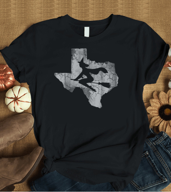 T-Shirt: Texas Halloween Witch Silhouette Riding Broom Over Cracked State Map T-Shirt Texas Halloween Witch Silhouette Riding Broom Over Cracked State Map T-Shirt