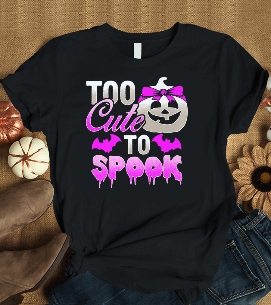 Too Cute To Spook Halloween Ghost Pink Bats and Pumpkin T-Shirt