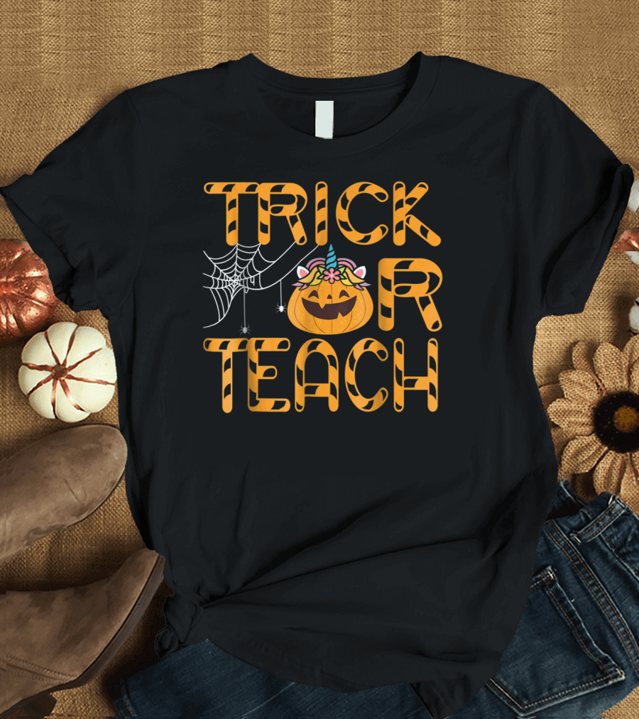 Trick Or Teach Pumpkin Unicorn with Spider Web Halloween T-Shirt