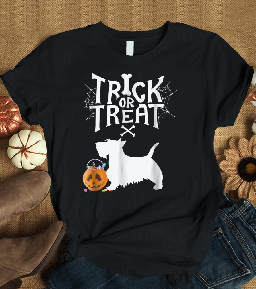 Trick Or Treat Scottie Scottish Terrier Pumpkin and Candy T-Shirt