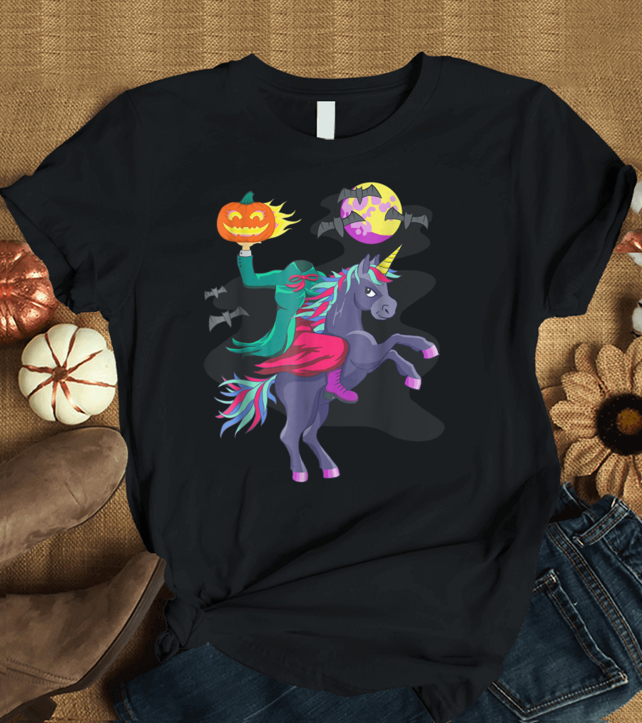 Unicorn Halloween Headless Horseman with Pumpkin Jack-o'-Lantern and Flying Bats T-Shirt