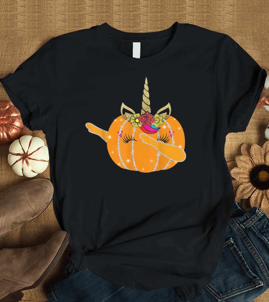 Unicorn Pumpkin Halloween Dab Fall Autumn Glitter Horn Flowers T-Shirt