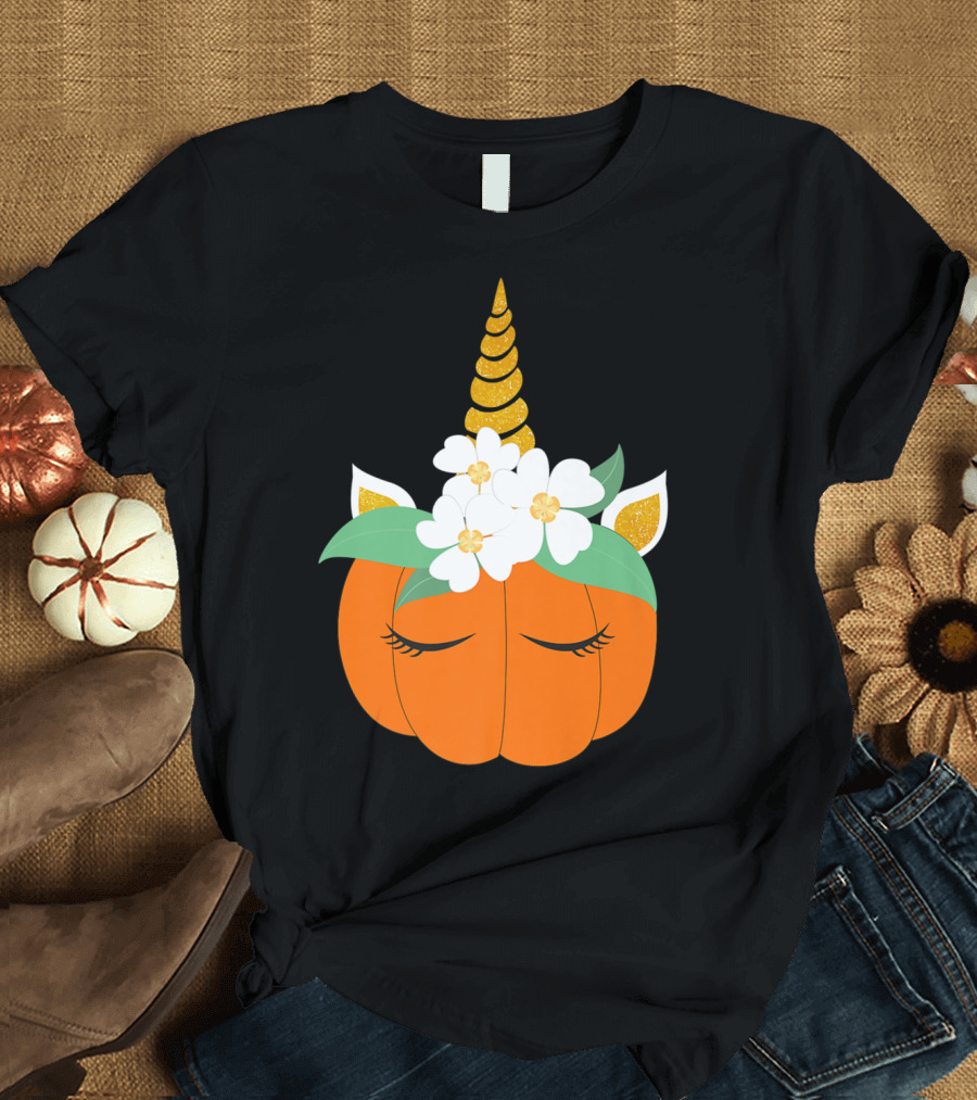 Unicorn Pumpkin Halloween with Flowers T-Shirt
