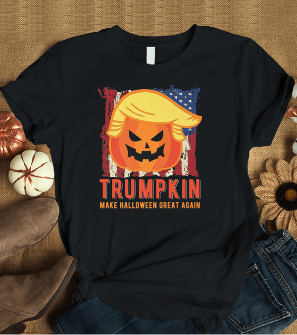 T-Shirt: Usa Trumpkin Make Halloween Great Again American Flag Pumpkin Face with Hair T-Shirt Usa Trumpkin Make Halloween Great Again American Flag Pumpkin Face with Hair T-Shirt