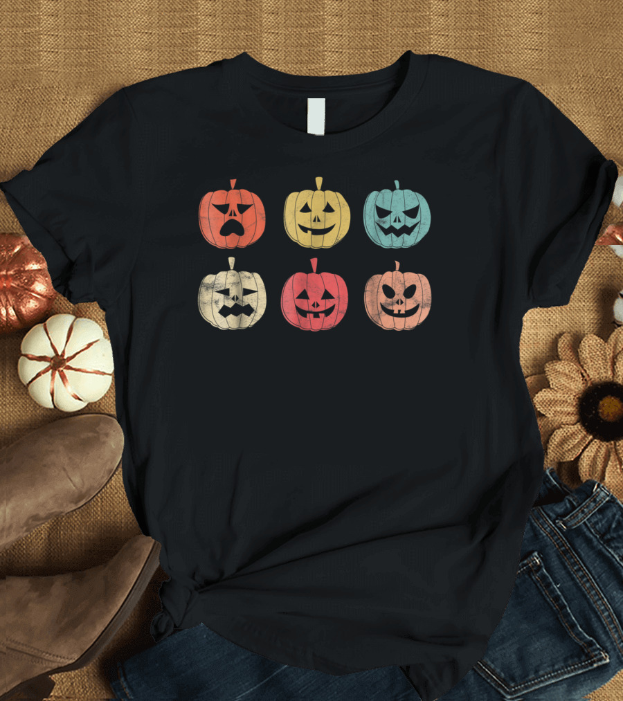 Vintage Pumpkin Retro Halloween Jack O Lantern Faces T-Shirt
