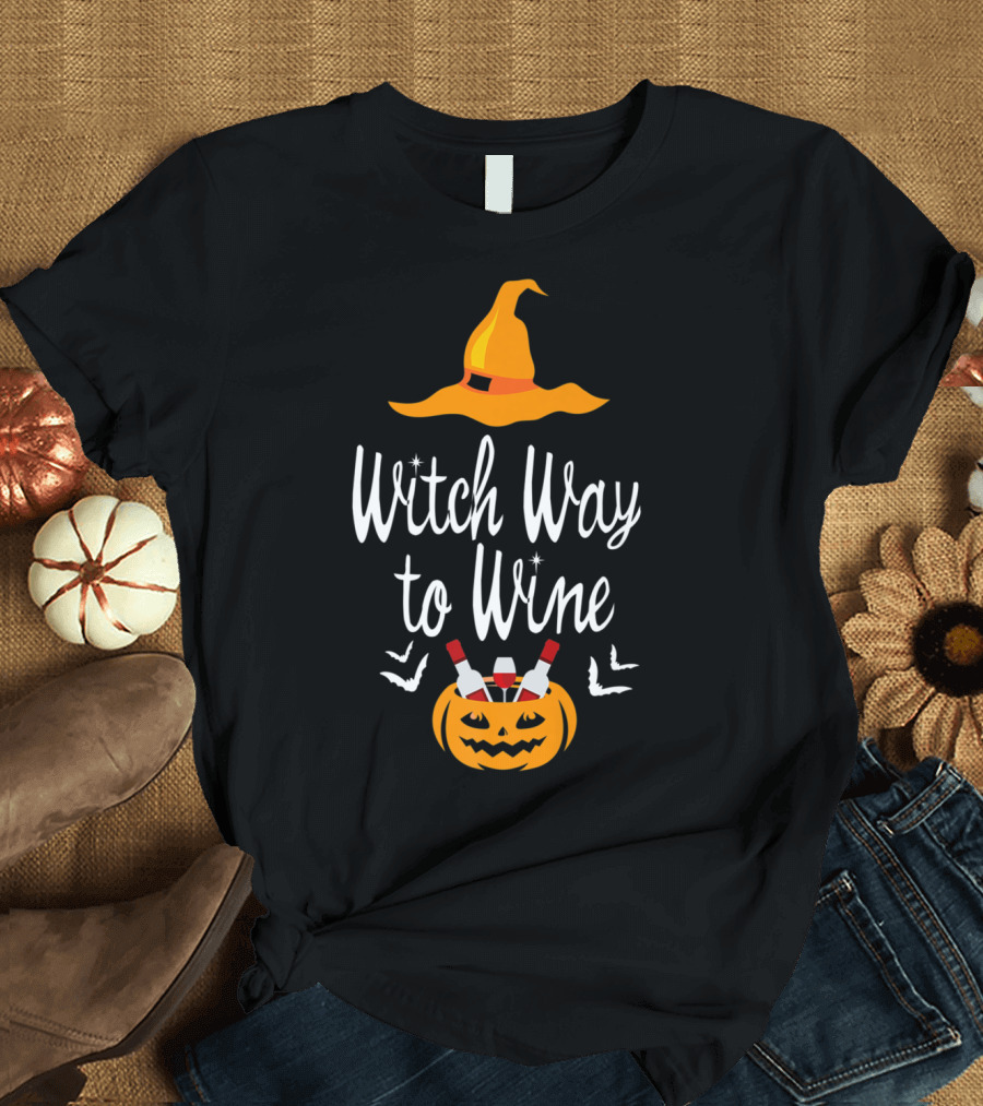 Witch Way to Wine Halloween Pumpkin Hat Bats Wine Lover T-Shirt