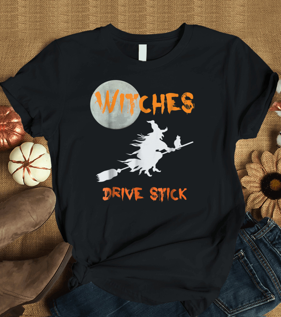 Witches Drive Stick Funny Halloween Moon Witch Cat T-Shirt