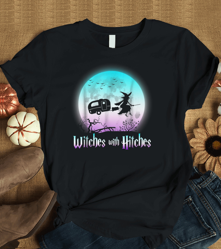 Witches With Hitches Halloween Camping Moon Silhouette with Bats and RV Trailer T-Shirt