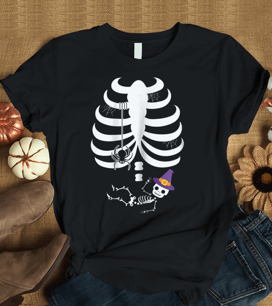 Halloween Pregnant Skeleton with Spider and Witch Hat Baby Skeleton T-Shirt