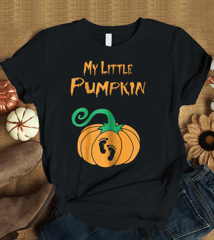 My Little Pumpkin Pregnancy Footprints on Orange Pumpkin T-Shirt