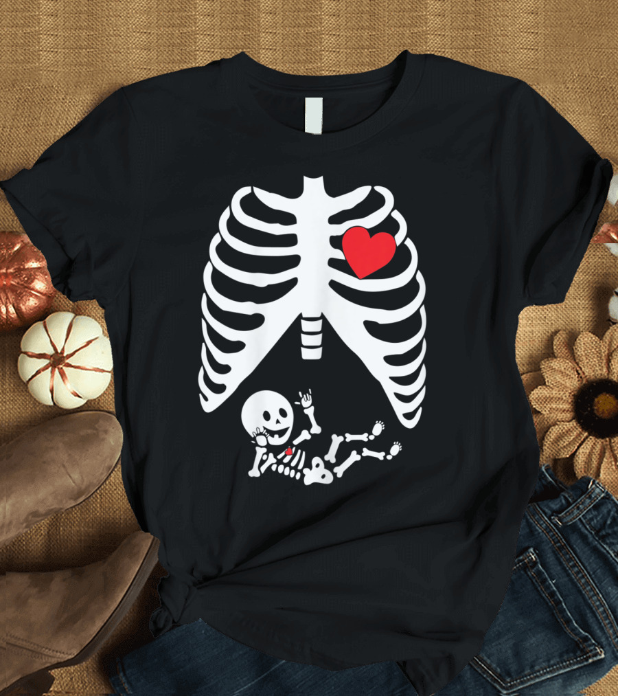 Pregnant Halloween Skeleton Costume with Heart and Baby Skeleton T-Shirt