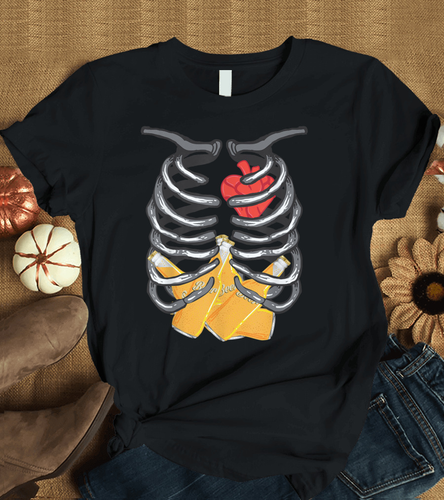 Xray Skeleton Rib Cage with Beer Bottles Halloween T-Shirt