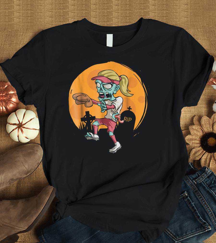 Zombie Softball Player with Graveyard Background T-Shirt