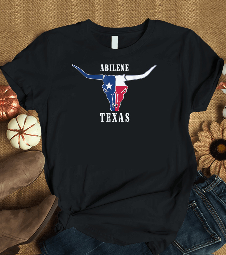 Abilene Texas Longhorn Skull with Lone Star Flag T-Shirt