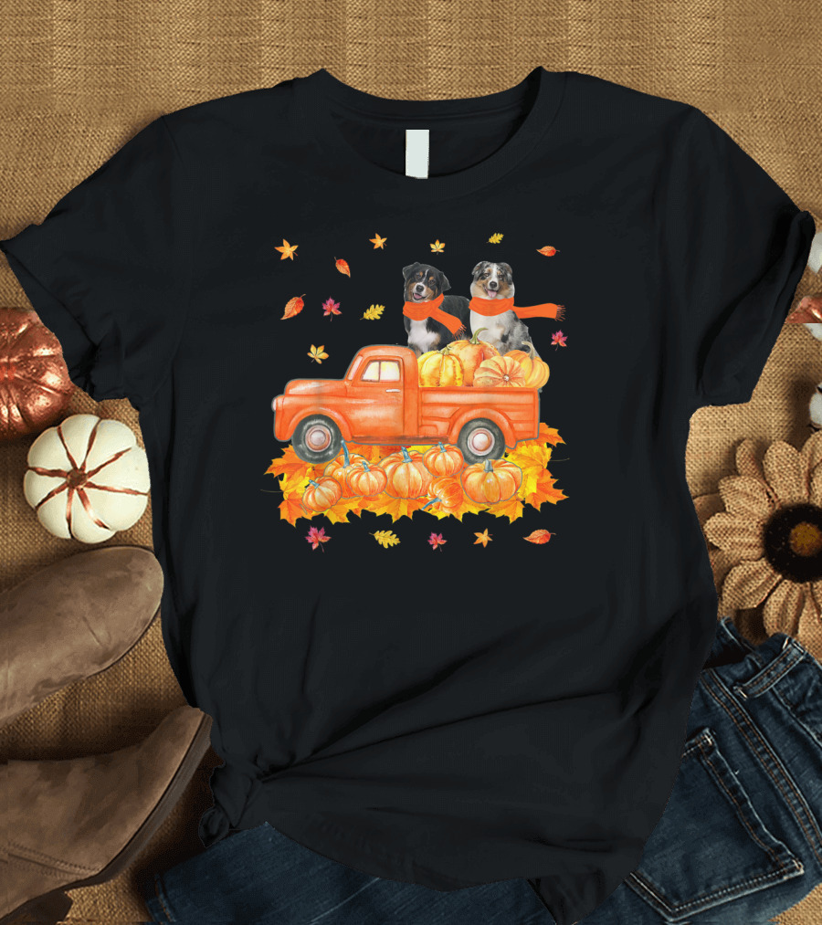 Australian Shepherds in Orange Pumpkin Truck with Autumn Leaves and Scarves T-Shirt