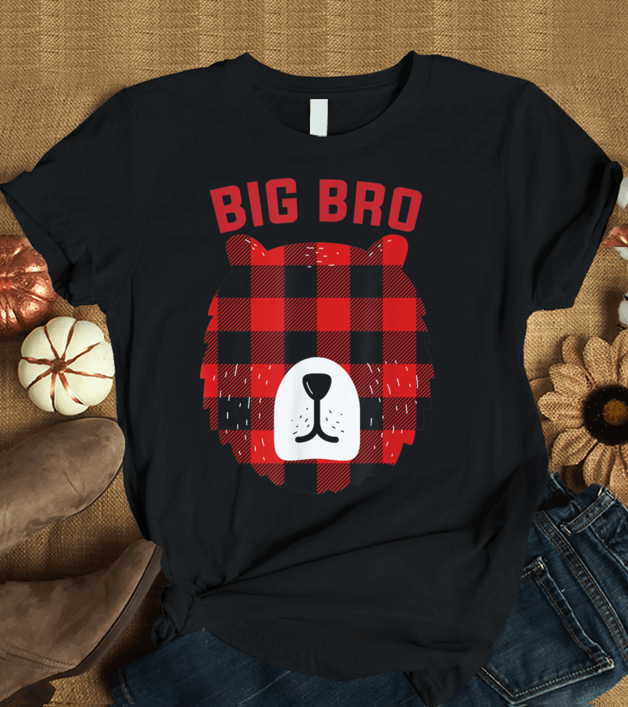 Big Bro Bear Red Plaid Buffalo Check Face T-Shirt