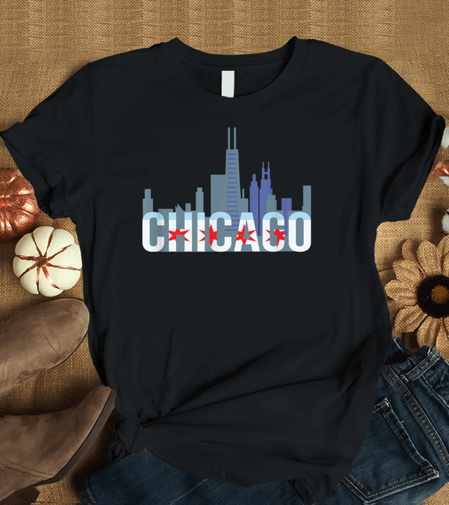 Chicago Skyline with Windy City Text and Flag Stars T-Shirt