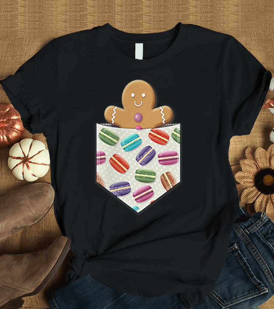 Christmas Gingerbread Man in Pocket with Colorful Macaroons T-Shirt