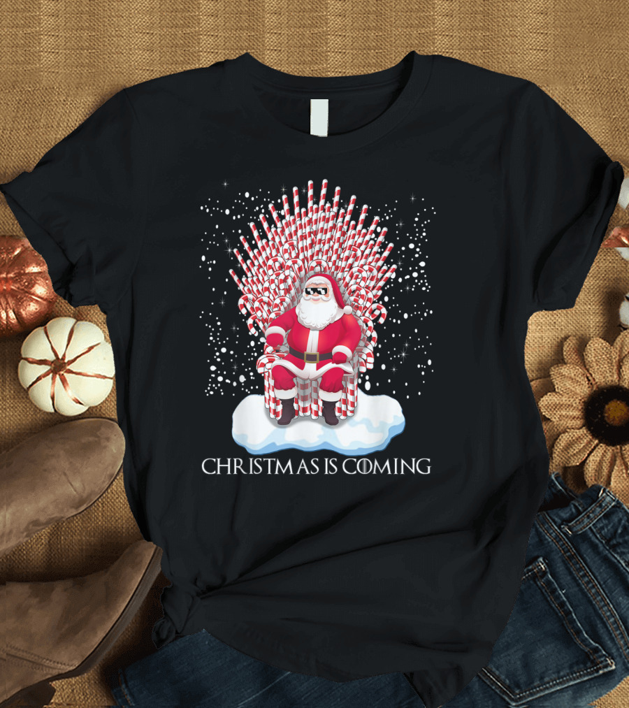 Christmas Is Coming Santa on Candy Cane Throne T-Shirt