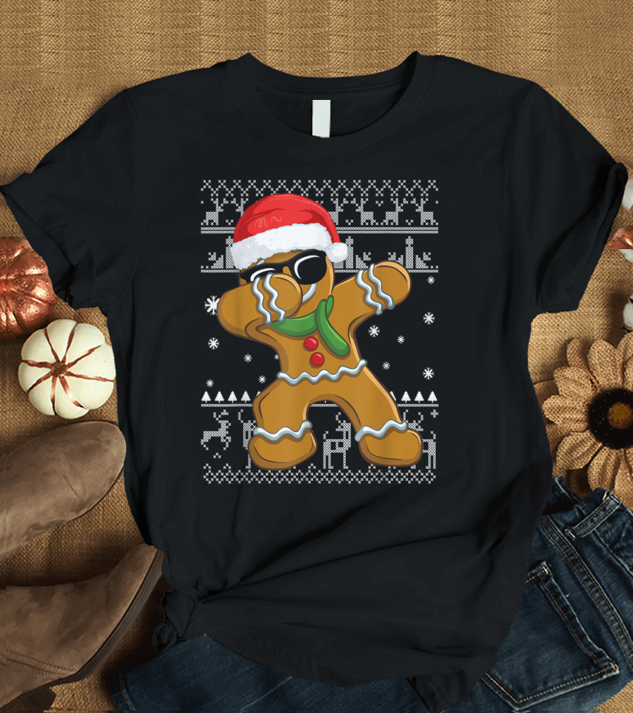 Cool Gingerbread Dabbing Ugly Christmas T-Shirt