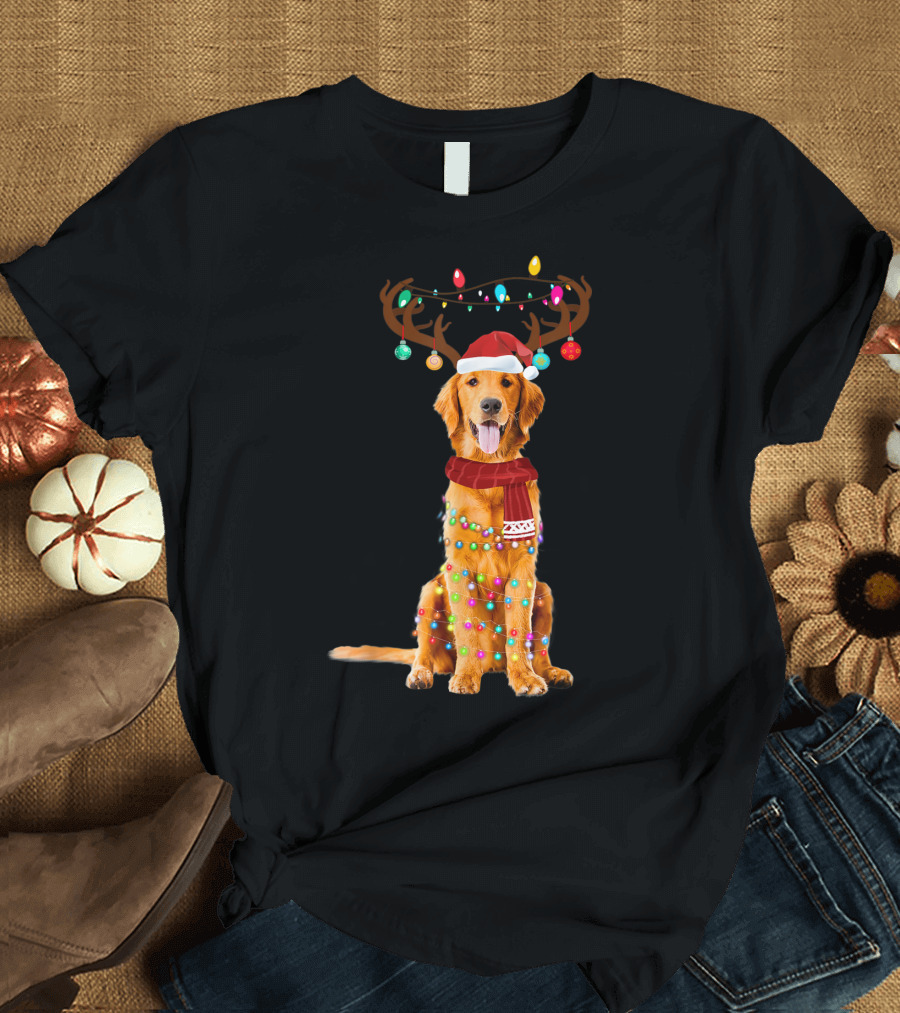Golden Retriever Christmas Lights Reindeer Antlers Santa Hat Scarf T-Shirt