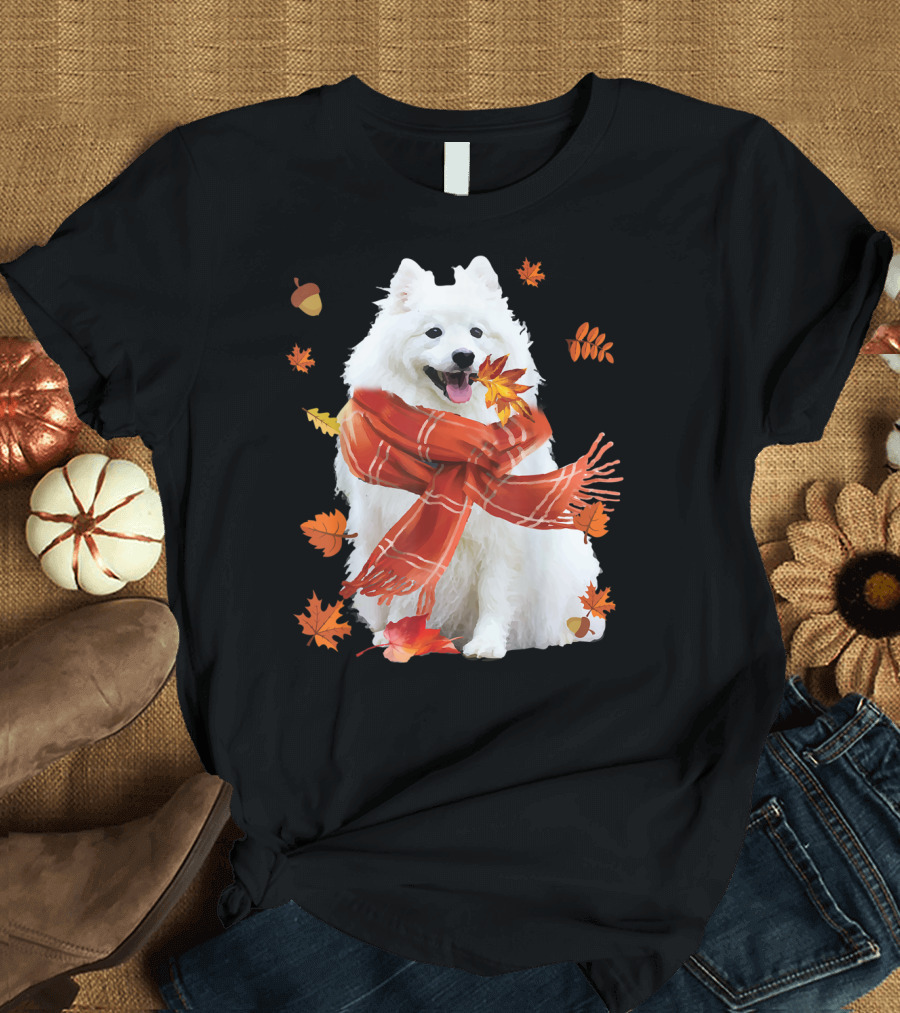 Cute Samoyed Dog with Autumn Leaves and Cozy Scarf T-Shirt