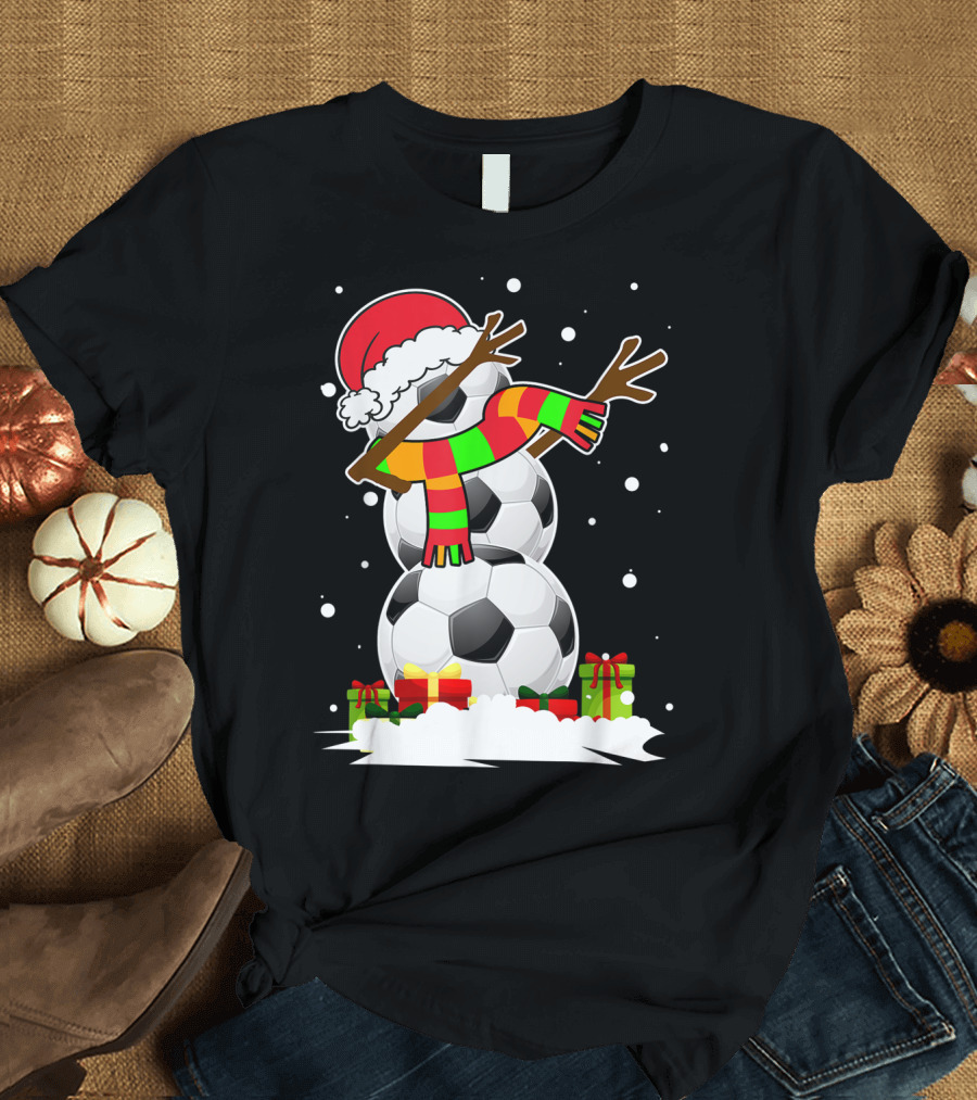 Dabbing Snowman Soccer Ball Christmas Santa Hat Funny Dab T-Shirt