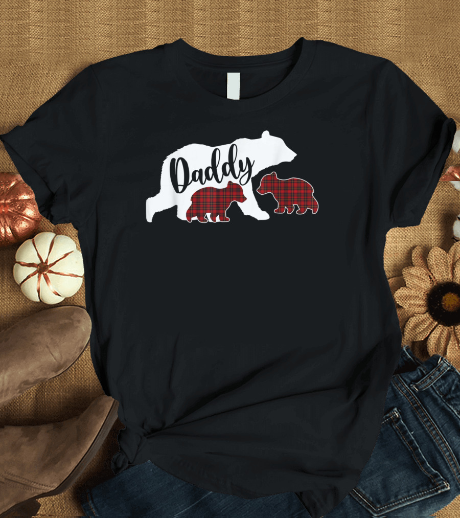 Daddy Bear with Two Red Plaid Cubs T-Shirt