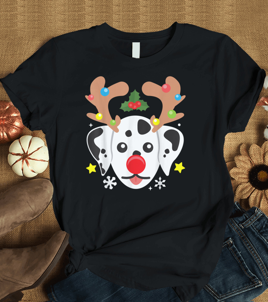 Dalmatian Reindeer with Antlers and Festive Elements T-Shirt