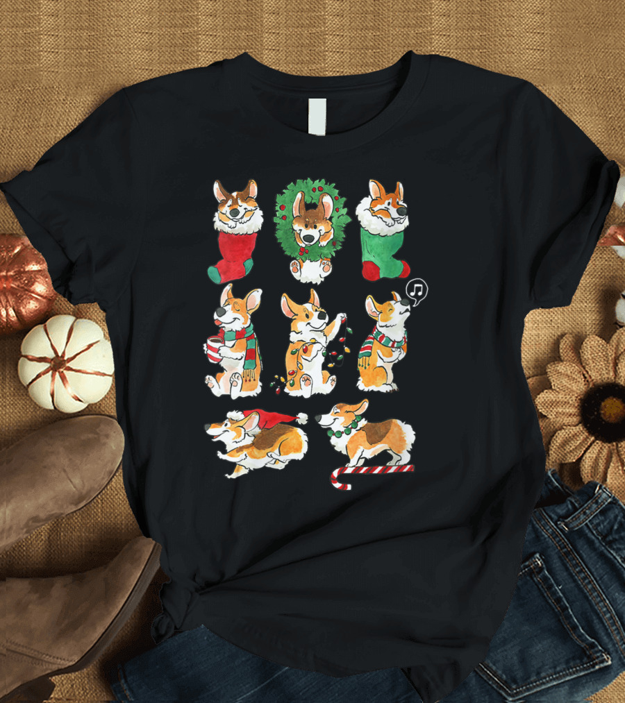 Corgi Santa Wreath Candy Cane Music Christmas Tree Lights T-Shirt