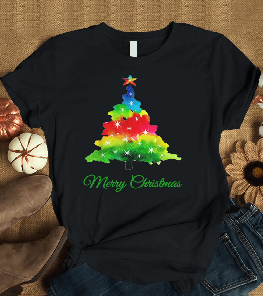 Merry Christmas Colorful Tree Matching Family Tie T-Shirt
