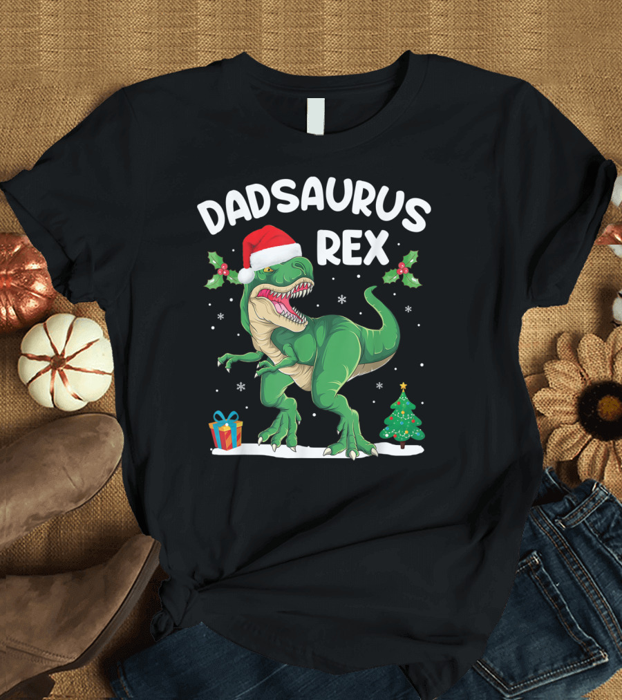 Dadsaurus Rex Santa Hat Christmas Tree Snowflakes T-Shirt