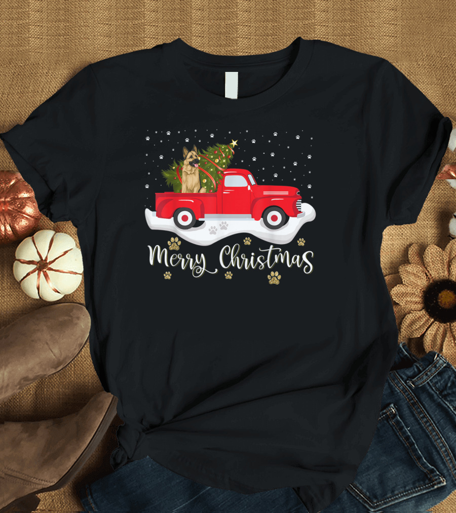 Merry Christmas Red Truck with German Shepherd and Tree T-Shirt