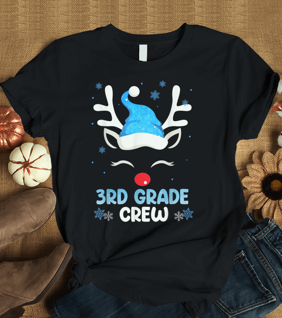 3rd Grade Crew Reindeer Santa Hat Snowflakes T-Shirt