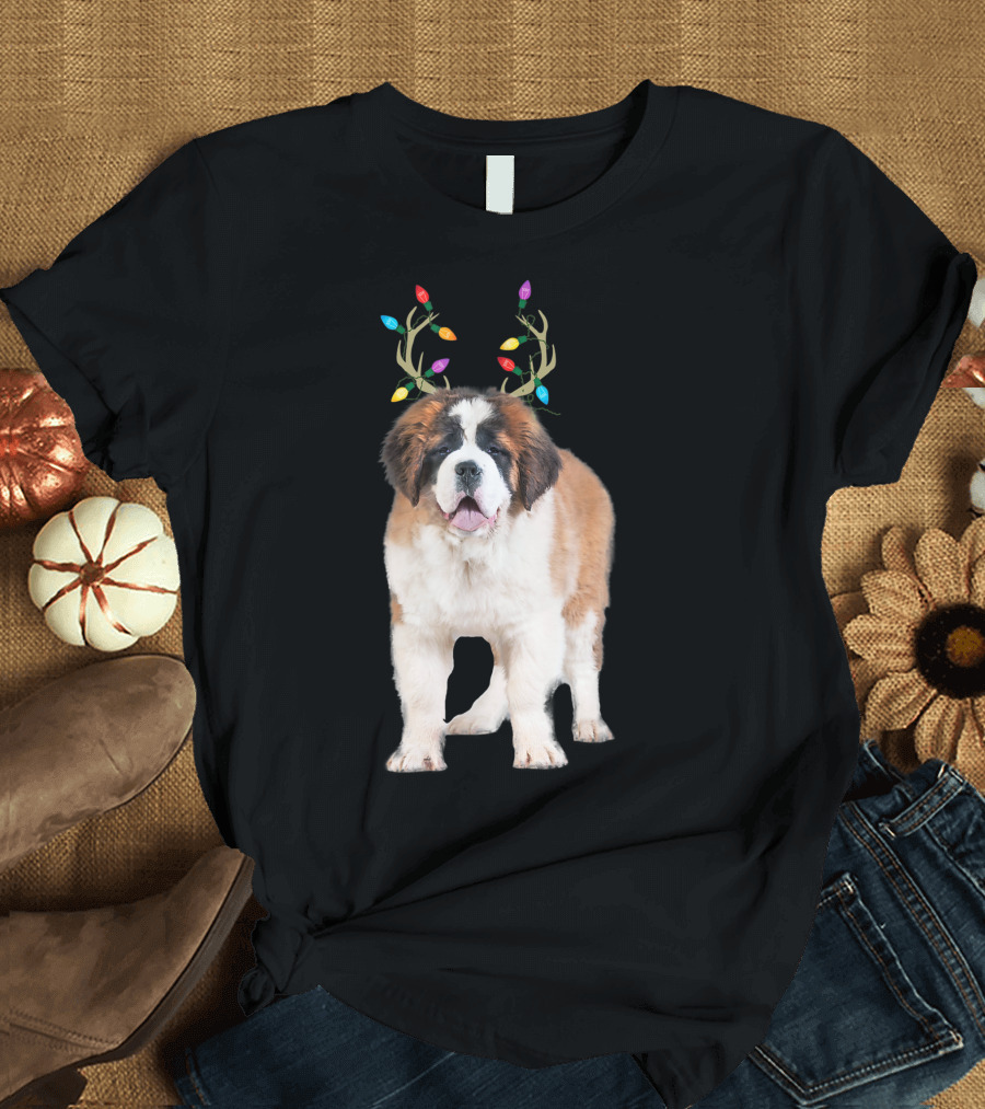 Saint Bernard Reindeer Christmas Lights Dog T-Shirt