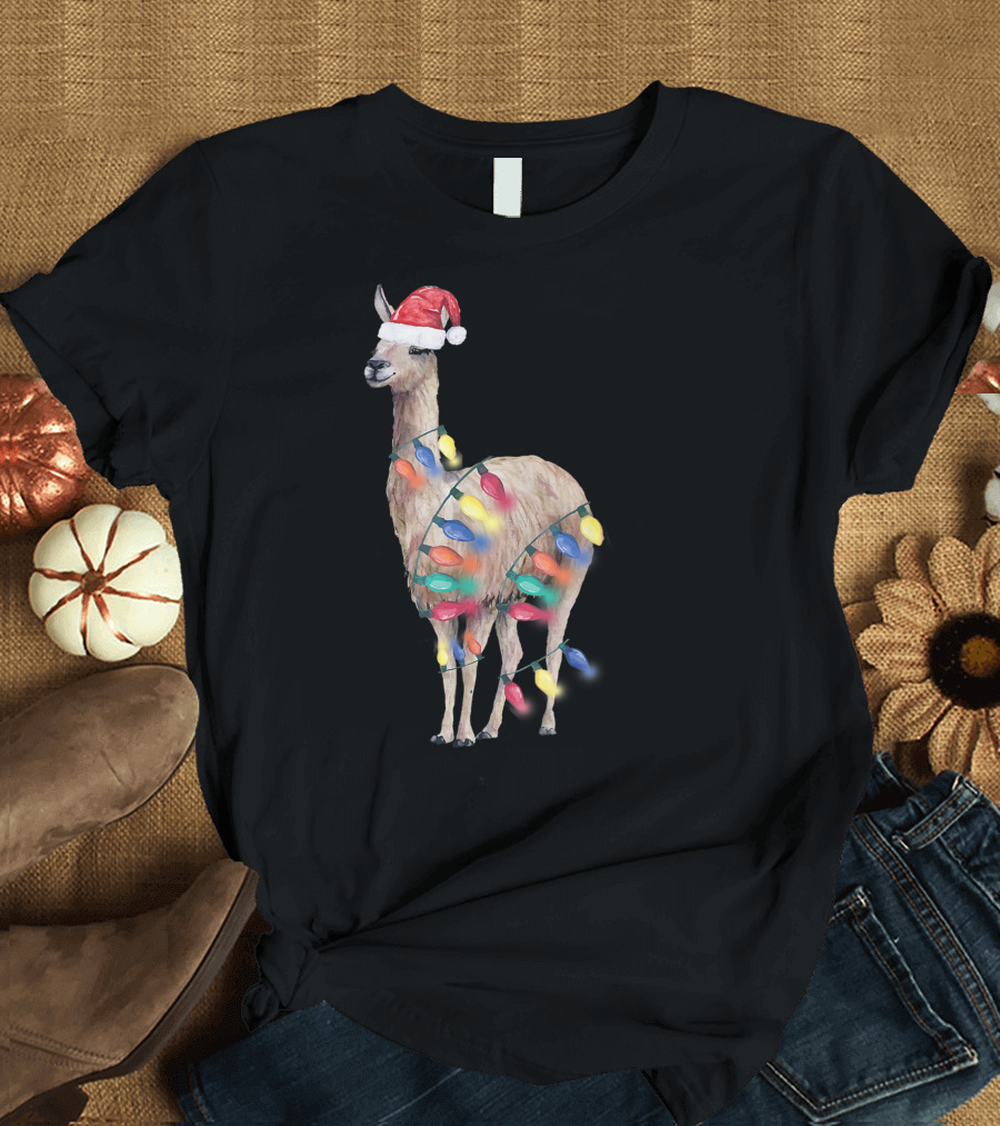 Santa Llama in Christmas Lights Llama Lover Holiday Cheer T-Shirt
