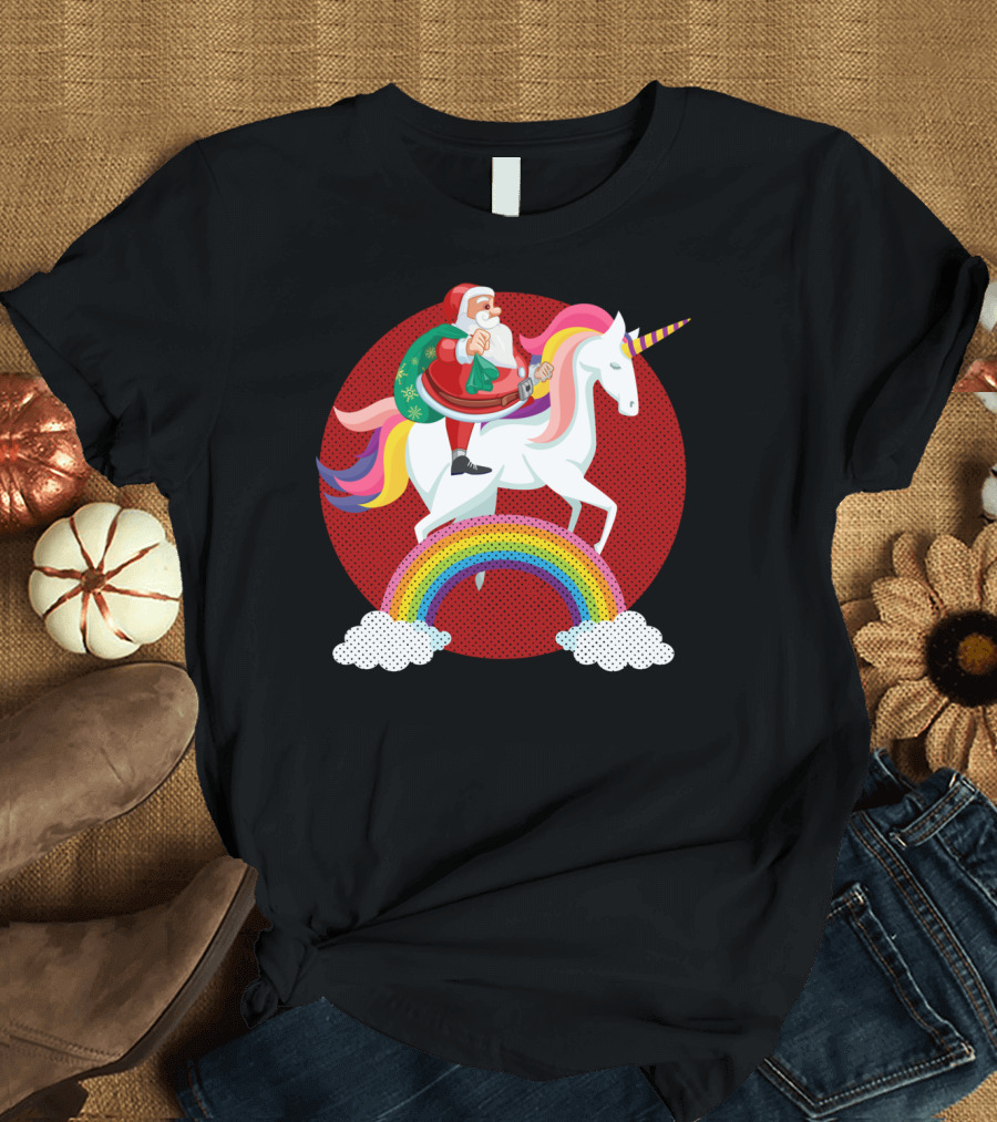 Santa Unicorn Riding Rainbow Christmas Cool T-Shirt