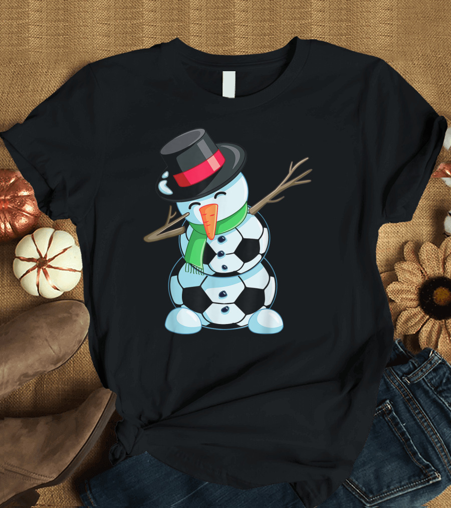 Soccer Snowman Dabbing with Festive Hat and Scarf T-Shirt