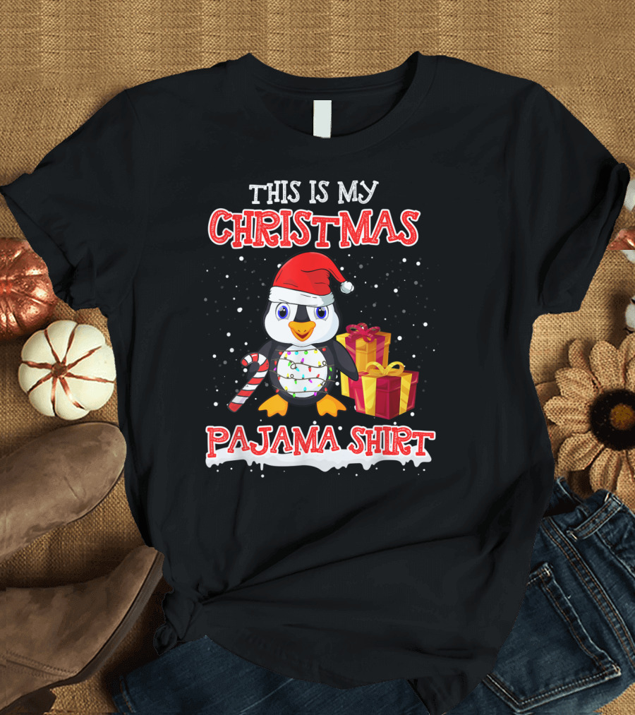 This Is My Christmas Pajama Shirt Santa Penguin T-Shirt