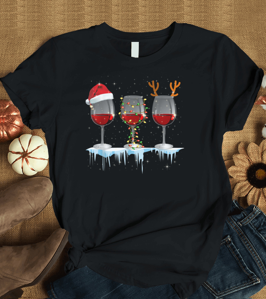 Three Glasses of Red Wine with Santa Hat Christmas Lights and Reindeer Antlers T-Shirt