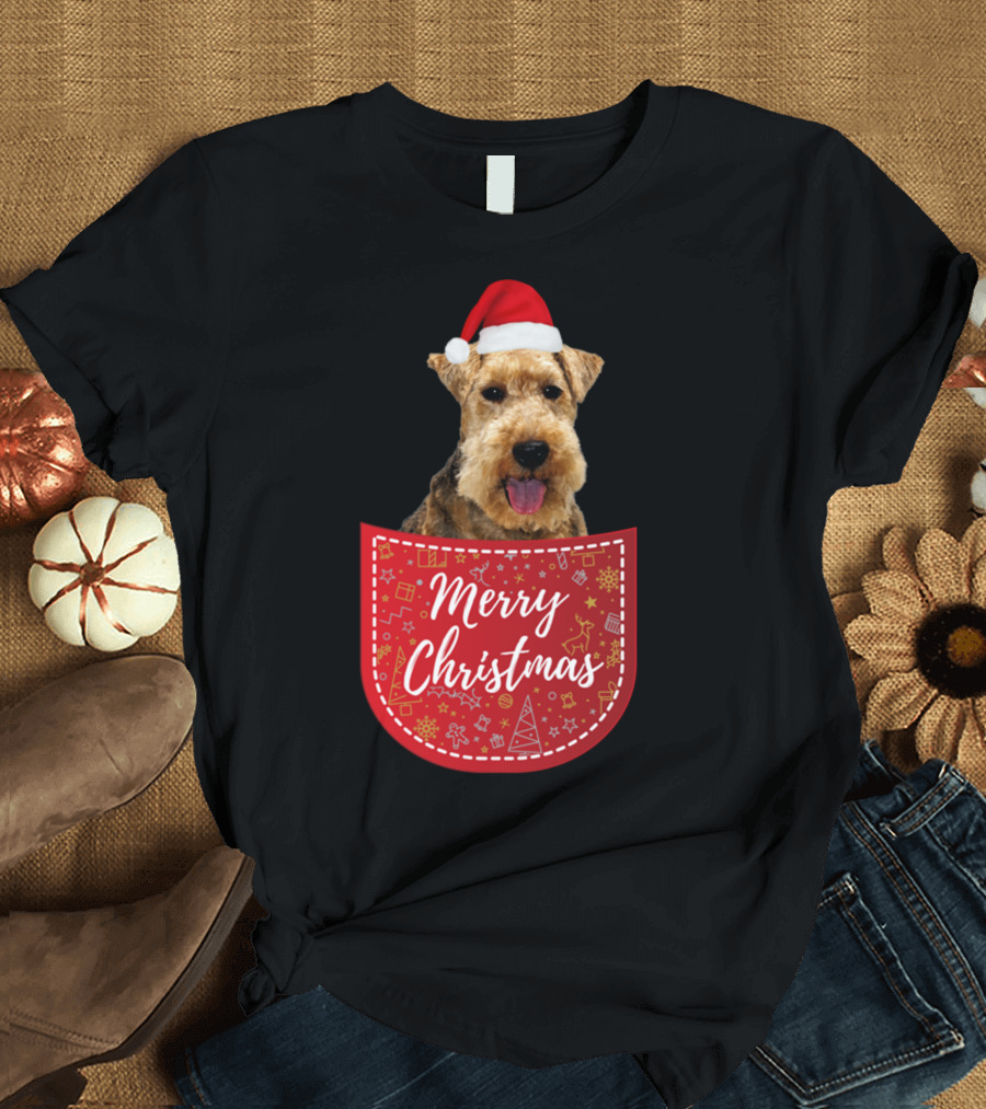 Merry Christmas Welsh Terrier Dog Santa Hat in Pocket T-Shirt