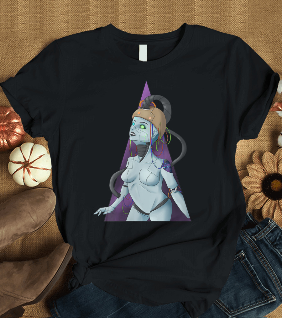 Cyborg Girl With Futuristic Headgear Charging Cable Triangle Backdrop T-Shirt