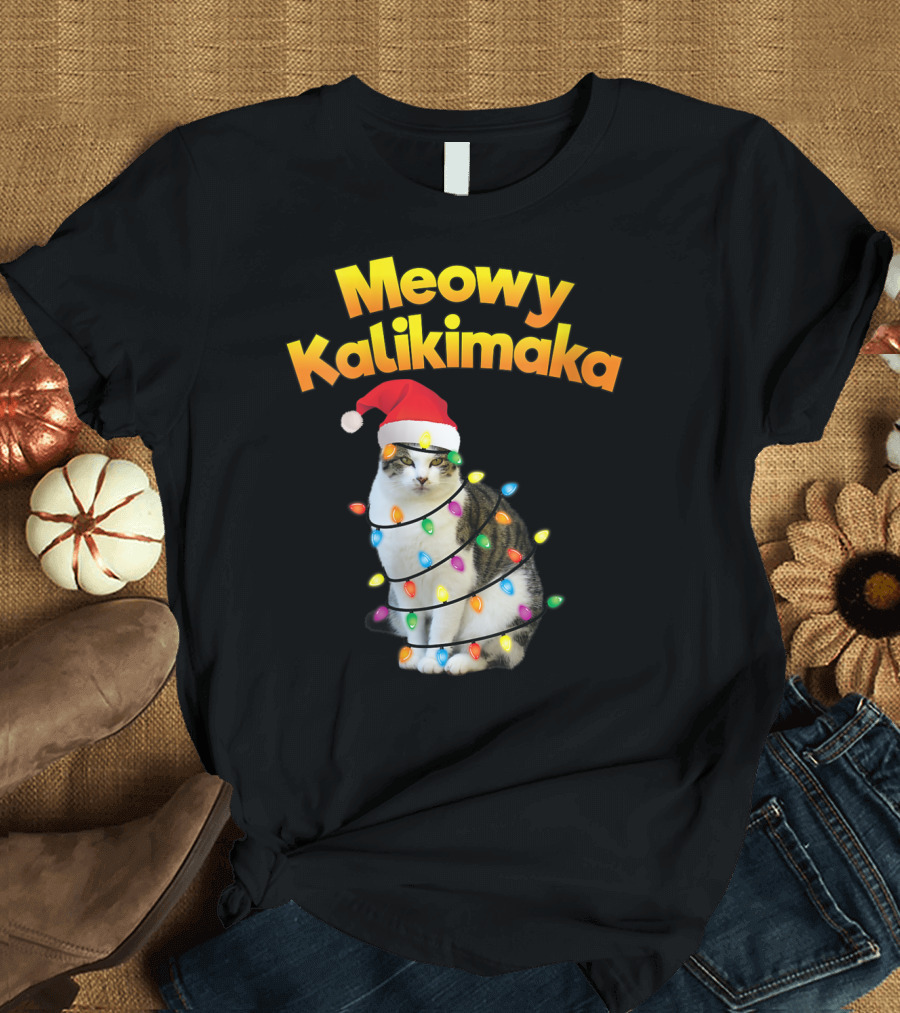 Meowy Kalikimaka Cat Wrapped in Christmas Lights with Santa Hat T-Shirt
